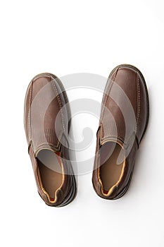 Top View of Pair of Brown Shoes Isolated on White Background