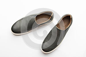 Top View of Pair of Dark Blue Slip on Shoes Isolated on White  Background