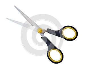 Top view of a pair of small multipurpose scissors with black handle isolated on white background with clipping path