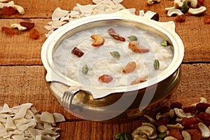 Top view-Palada payasam-a delicious dessert made with rice, milk. sugar and dry fruits