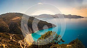 Top view Panoramic view of the famous Myrtos beach on Kefalonia island