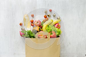 Top view paper bag of different fresh health food
