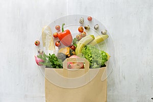 Top view paper bag of different health food