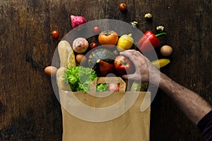 Top view paper bag of different health food