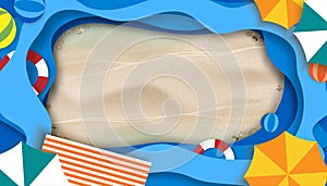 Top view paper cut of ocean blue on sand beach with umbrellas, swim ring, beac ball and chair with copy space,Vector illustration