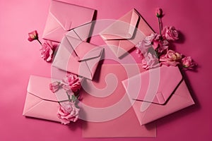 Top view of paper envelops on pink background