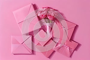 Top view of paper envelops on pink background