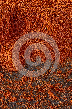 Top view on paprika or red hot chilli pepper powder texture background