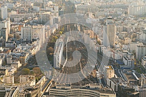 Top view of Paris skyline from above timelapse. Main landmarks of european megapolis with train station of Vaugirard