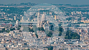 Top view of Paris skyline from observation deck of Montparnasse tower timelapse. Main landmarks of european megapolis