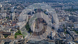 Top view of Paris skyline from observation deck of Montparnasse tower timelapse. Main landmarks of european megapolis