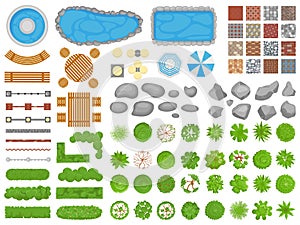 Top view park items. Garden walkway, outdoor relaxing parks furniture and gardens trees aerial isolated vector