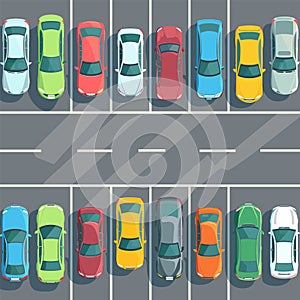 Top view parking lot cars neatly parked vehicles. Cartoon style car park different. Parking space