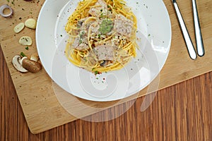 Top view of partial spaghetti carbonara lunch dinner meal
