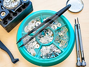 Top view of parts for watch repairing close up