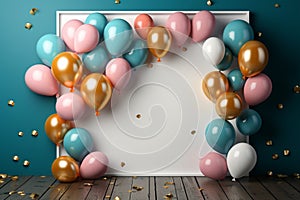 Top view party setup, colorful balloons, white frame, blue wooden table