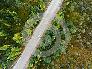 Top view at passenger car driving along dirt road between swamps in autumn forest