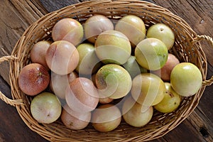 Top view of Passion Fruits in the bamboo baskets