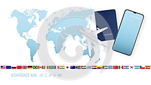 Top view of passport with airplane and mobile phone on world map background with flags and contact us icons, support office for