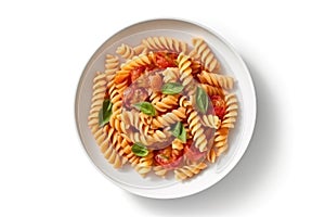Top View Pasta Allarrabbiata On White Round Plate On White Background. Generative AI
