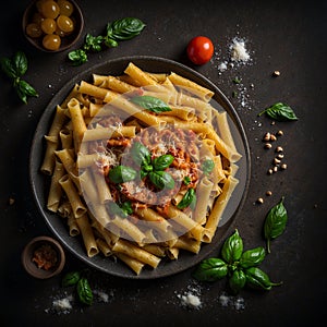 Top view of pasta with tomato sauce