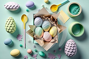 Top view of pastel color Easter eggs in basket with decoration for easter, generative ai