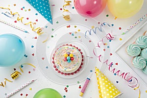 Concept birthday party on white background top view pattern photo