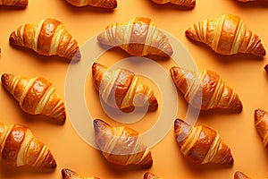 Top view pattern of freshly baked crispy croissants on a vibrant yellow-orange background