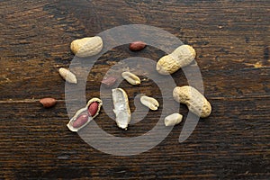 Top view of Peanuts hulls nut shell and peeled peanuts
