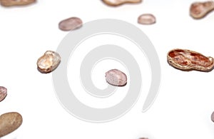 Top view of Peanuts hulls nut shell and peeled peanuts isolated on white background