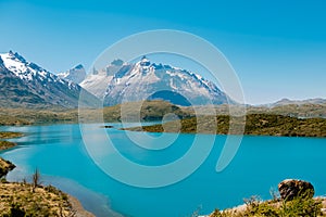 Top view of Pehoe lake and Cuernos del Paine mountain, Torres del Paine National Park in Chile