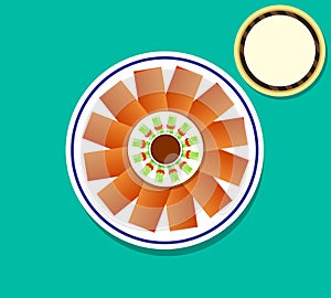 Top view Peking Duck skin and pancakes, vector art