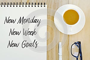 Top view of pen,glasses,a cup of coffee and notebook written with New Monday,New Week,New Goals.