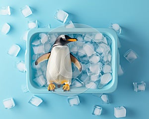 Top view of penguin lies in a bath filled with ice cubes, the concept of cooling and refreshment in hot weather