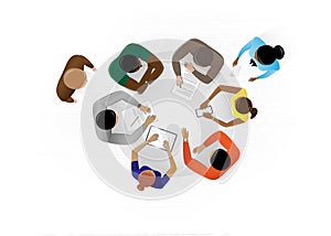 Top view people sitting at the table in the office and discussing a business plan, horizontal vector illustration on a white