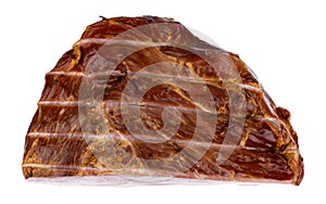 Top view of a perfectly cooked ham isolated on a white background