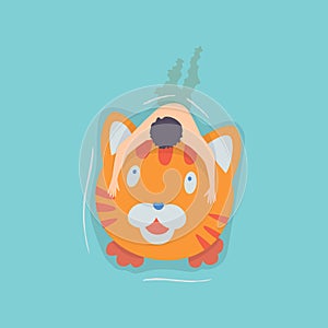 Top view persone floating on air mattress in swimming pool. Men relaxing and sunbathing on inflatable cat shape. Vector