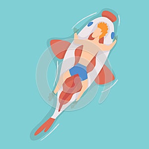 Top view persone floating on air mattress in swimming pool. Men relaxing and sunbathing on inflatable fish shape. Vector photo