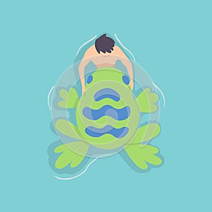 Top view persone floating on air mattress in swimming pool. Men relaxing and sunbathing on inflatable frog shape. Vector photo