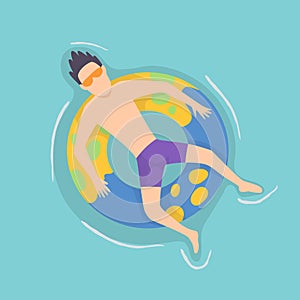 Top view persone floating on air mattress in swimming pool. Men relaxing and sunbathing on inflatable ring shape. Vector photo