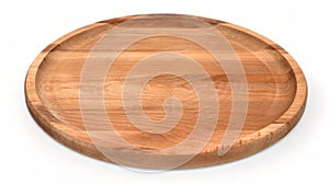 Top view and perspective of empty round wooden plate on white background. Space for branding, text or menu. Business