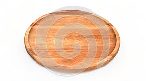 Top view and perspective of empty round wooden plate on white background. Space for branding, text or menu. Business