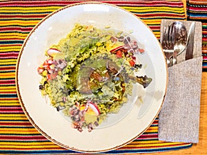 Top view of Peruvian Arroz con Pato in restaurant