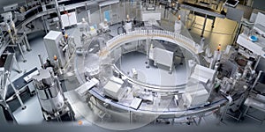 Top view of a pharmaceutical production line, a ballet of precision as pills are sorted and packaged , concept of