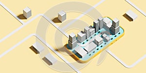 Top view phone display with city map and road, navigation in megapolis