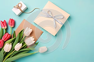 Top view photo of a photo album, envelope, tulips and gift boxes