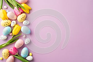 Top view photo of blue yellow pink easter eggs spring flowers yellow and pink tulips on isolated pastel purple background