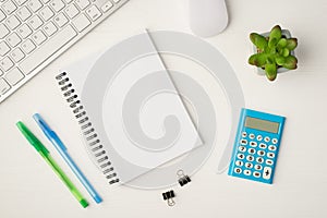 Top view photo of business workplace with keyboard mouse plant binders notebook with copyspace blue calculator and two pens on