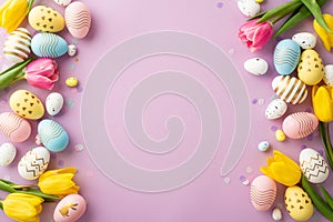Top view photo of colorful easter eggs flowers yellow pink tulips and confetti on isolated lilac background