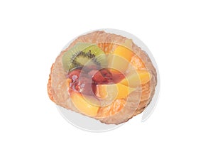 Top view photo of danish pastry with fruits on top isolated on white background with clipping path